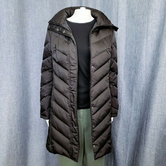 Kenneth Cole Down Puffer Coat Faux Fur Trim Hood Midi Black Women's S - Picture 1 of 16